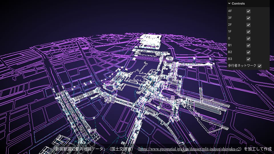 Screenshot of satoshi7190.github.io: 3D Map of Shinjuku Station in Three.js