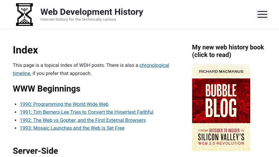 Screenshot of webdevelopmenthistory.com: Web Development History – Internet history for the technically curious