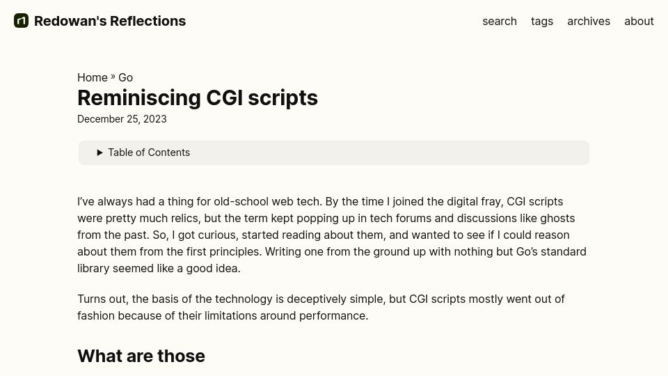 Screenshot of rednafi.com: Reminiscing CGI Scripts