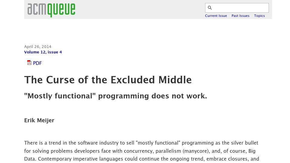 Screenshot of queue.acm.org: The Curse of the Excluded Middle (2014)