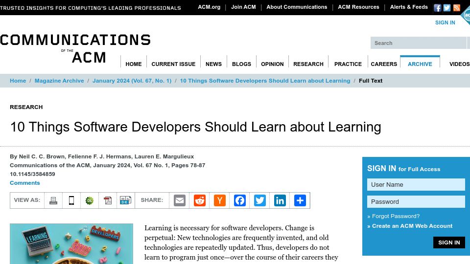 Screenshot of cacm.acm.org: Things software developers should learn about learning