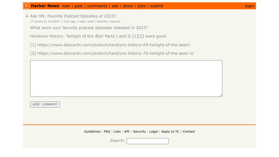 Screenshot of Hacker News post: Ask HN: Favorite Podcast Episodes of 2023?