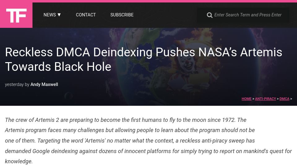 Screenshot of torrentfreak.com: Reckless DMCA Deindexing Pushes NASA's Artemis Towards Black Hole