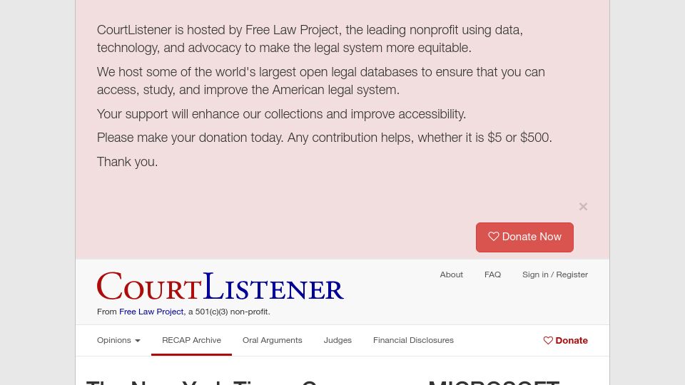 Screenshot of courtlistener.com: The New York Times Company vs. Microsoft Corporation