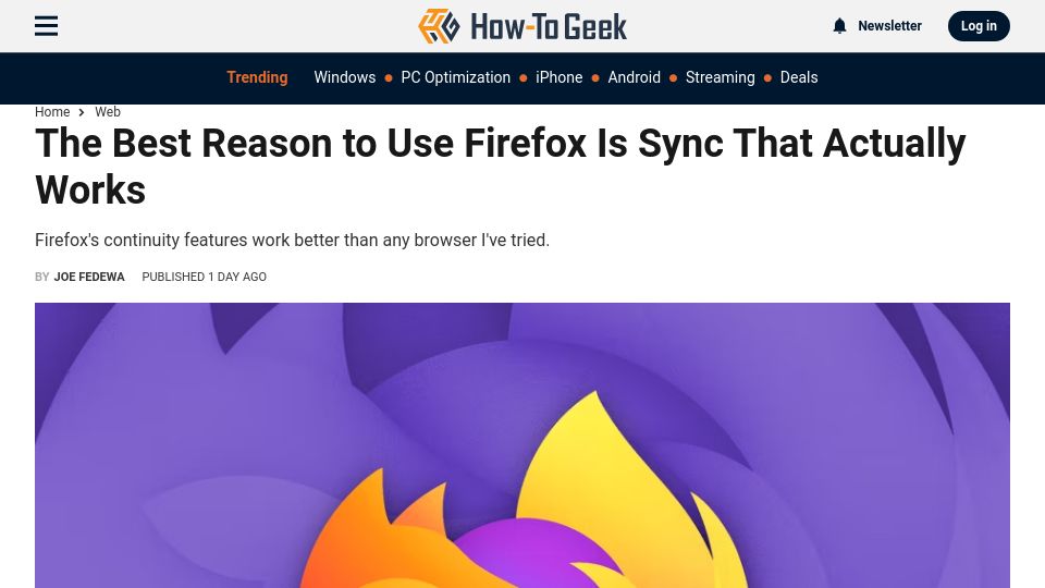 Screenshot of howtogeek.com: Firefox Sync actually works