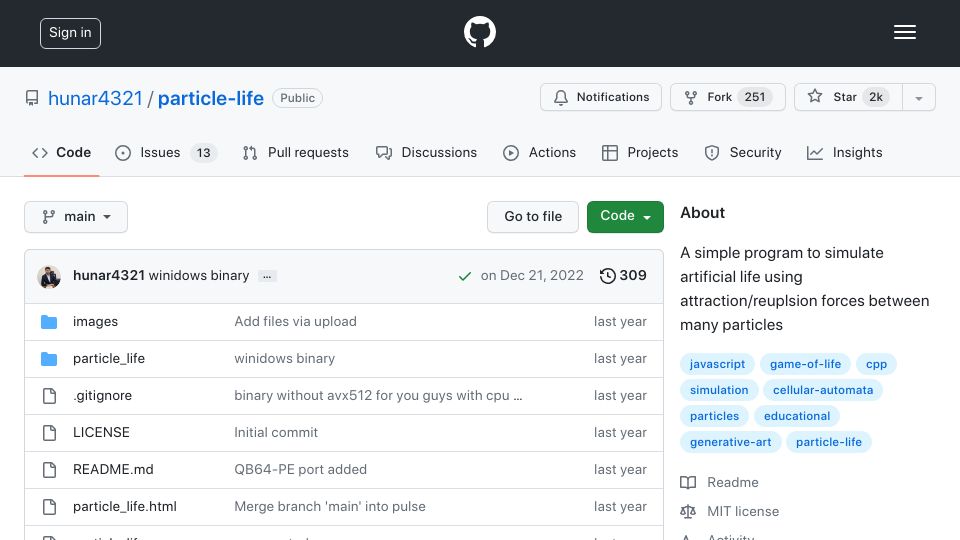 Screenshot of github.com: Particle Life