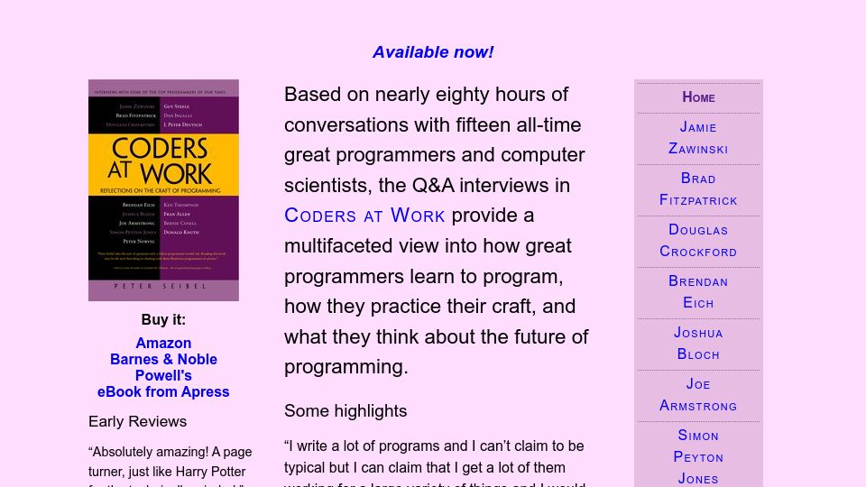 Screenshot of codersatwork.com: Coders at Work: Reflections on the Craft of Programming (2009)
