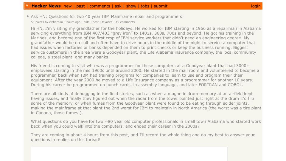 Screenshot of Hacker News post: Ask HN: Questions for two 40 year IBM Mainframe repair and programmers