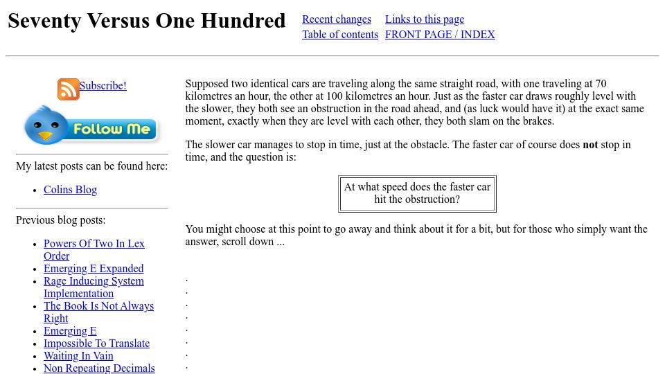 Screenshot of solipsys.co.uk: Seventy versus One Hundred