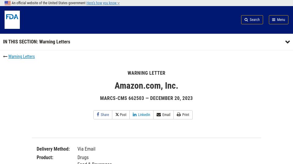 Screenshot of fda.gov: Amazon receives FDA warning letter for supplements with undeclared ingredients