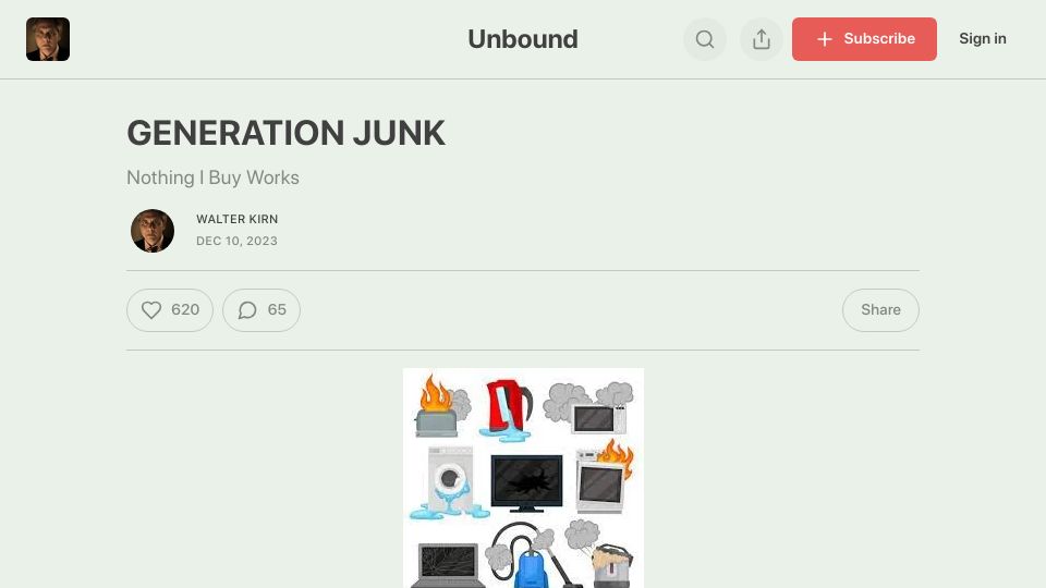 Screenshot of walterkirn.substack.com: Generation Junk