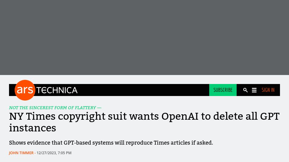 Screenshot of arstechnica.com: NY Times copyright suit wants OpenAI to delete all GPT instances