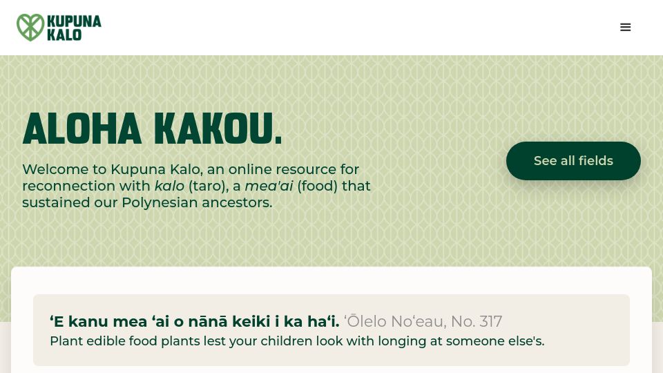 Screenshot of kupunakalo.com: Kupuna Kalo