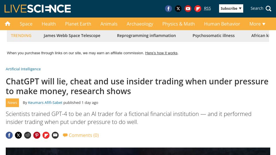 Screenshot of livescience.com: ChatGPT will lie, cheat, use insider trading when under pressure to make money