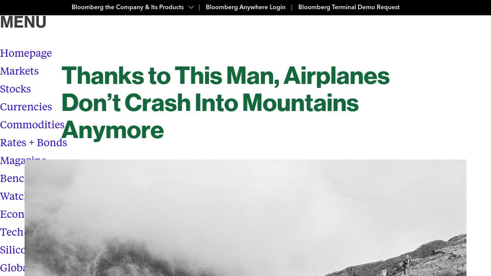 Screenshot of bloomberg.com: Thanks to Don Bateman, airplanes don't crash into mountains anymore (2016)