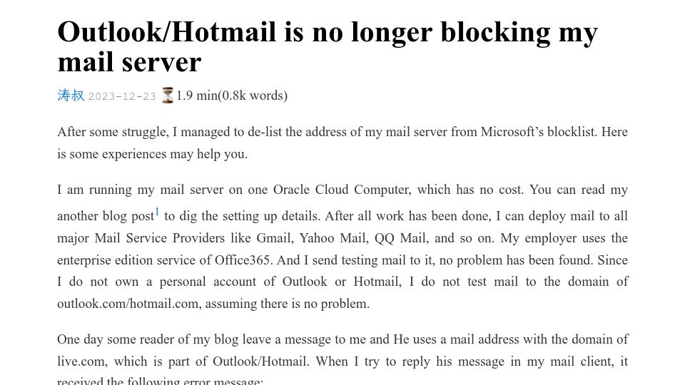 Screenshot of taoshu.in: Outlook/Hotmail is no longer blocking my mail server