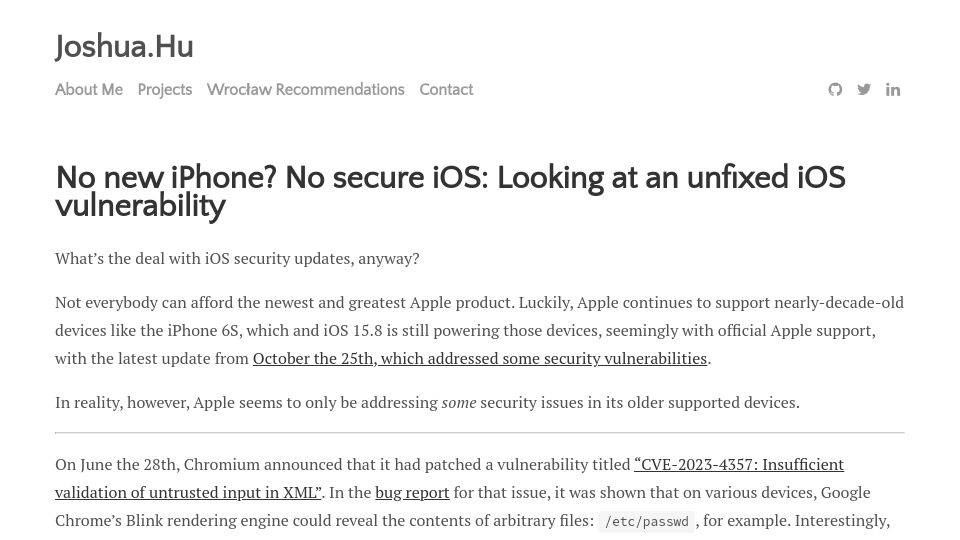 Screenshot of joshua.hu: No new iPhone? No secure iOS: Looking at an unfixed iOS vulnerability