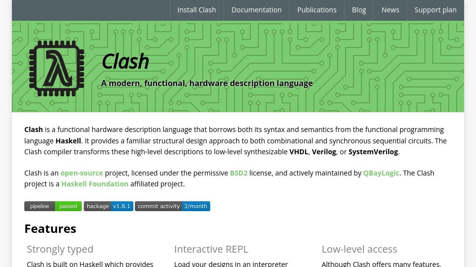 Screenshot of clash-lang.org: Clash: A Functional Hardware Description Language
