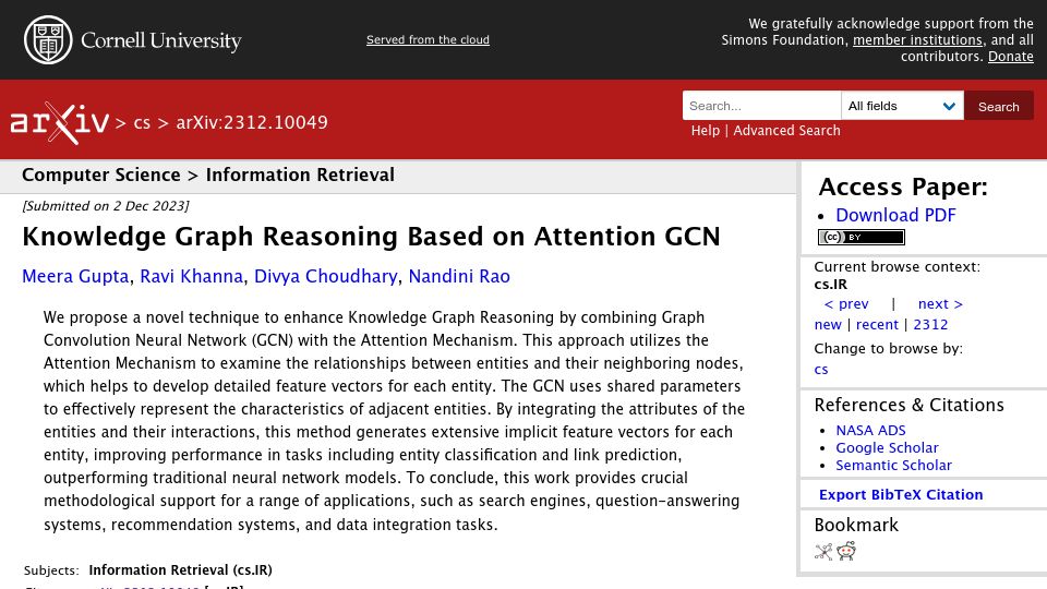 Screenshot of arxiv.org: Knowledge Graph Reasoning Based on Attention GCN