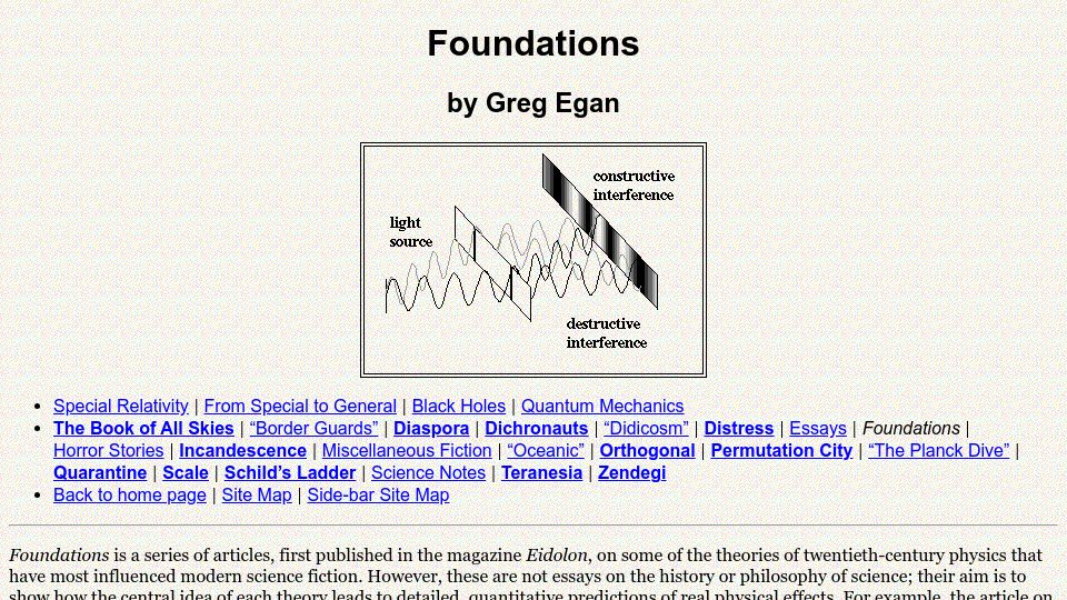 Screenshot of gregegan.net: Foundations (1997-2000)