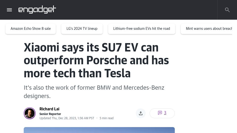 Screenshot of engadget.com: Details on Xiaomi EV