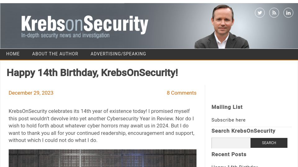 Screenshot of krebsonsecurity.com: Happy 14th Birthday, KrebsOnSecurity