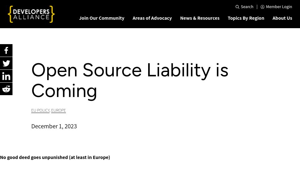 Screenshot of developersalliance.org: Open Source Liability Is Coming
