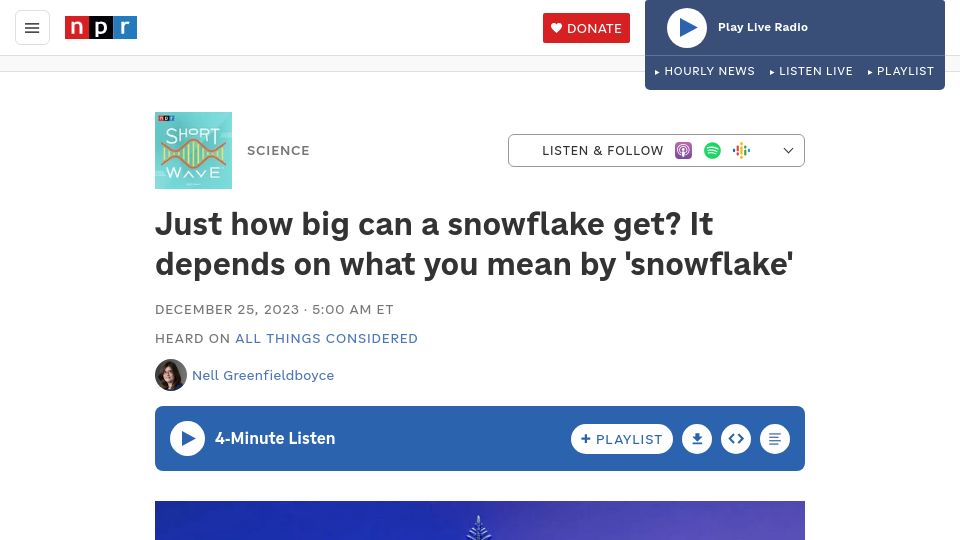 Screenshot of npr.org: How big can a snowflake get?