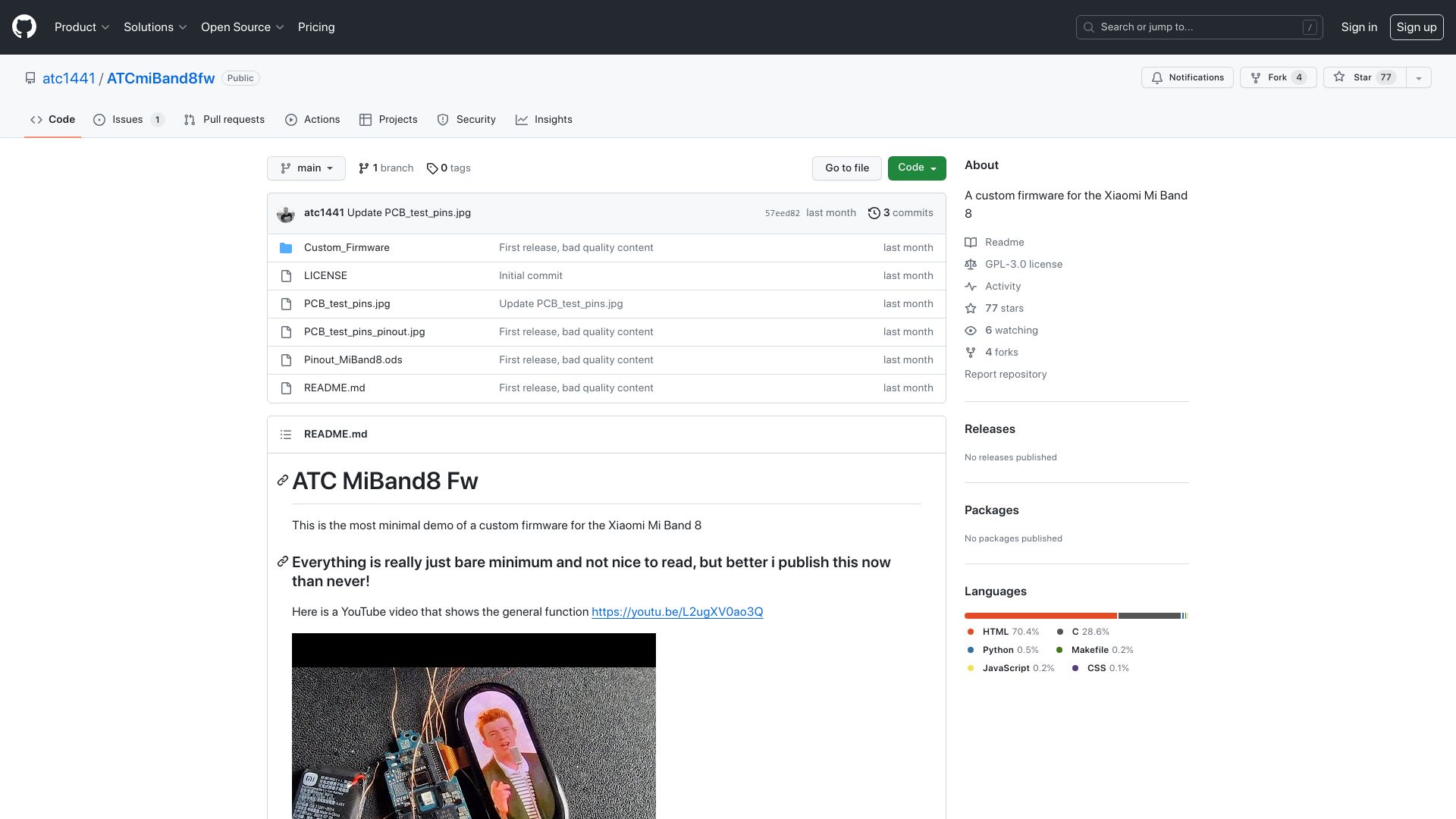 Screenshot of github.com: Custom firmware for MI fitness band