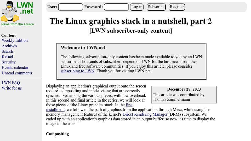 Screenshot of lwn.net: The Linux graphics stack in a nutshell, part 2