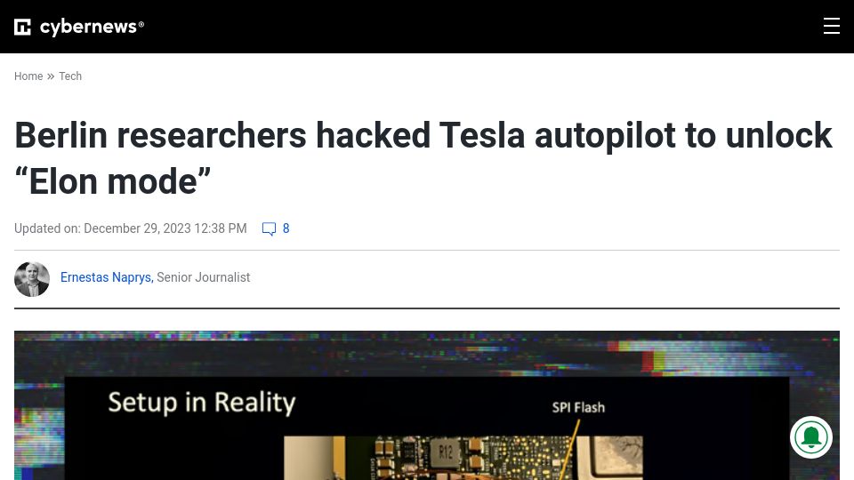 Screenshot of cybernews.com: Berlin researchers hacked Tesla autopilot to unlock "Elon mode"