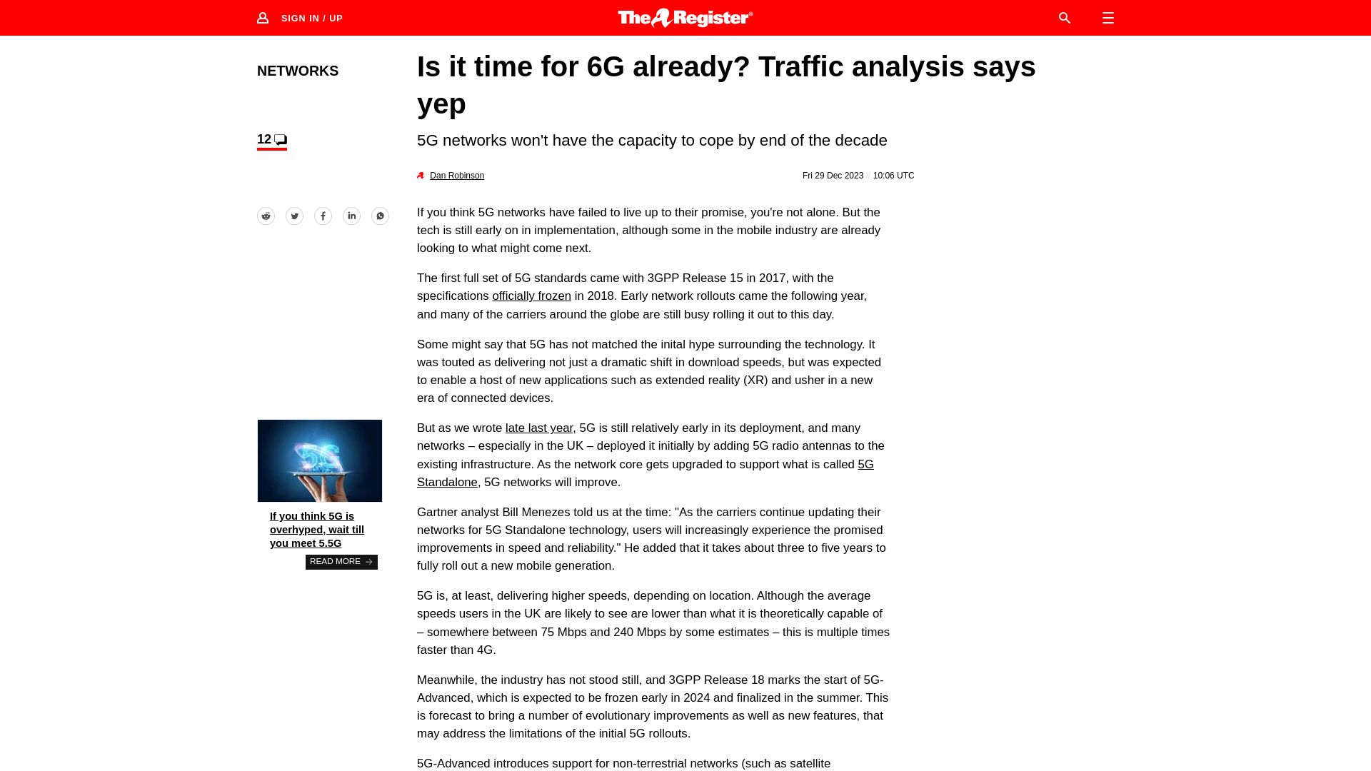 Screenshot of theregister.com: 5G Considered Tired Already