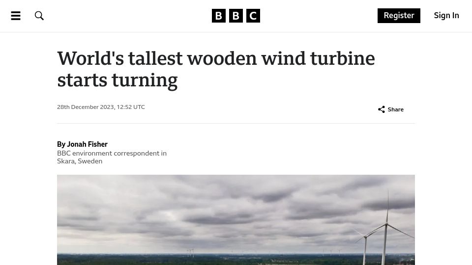 Screenshot of bbc.com: Tallest wooden wind turbine starts turning