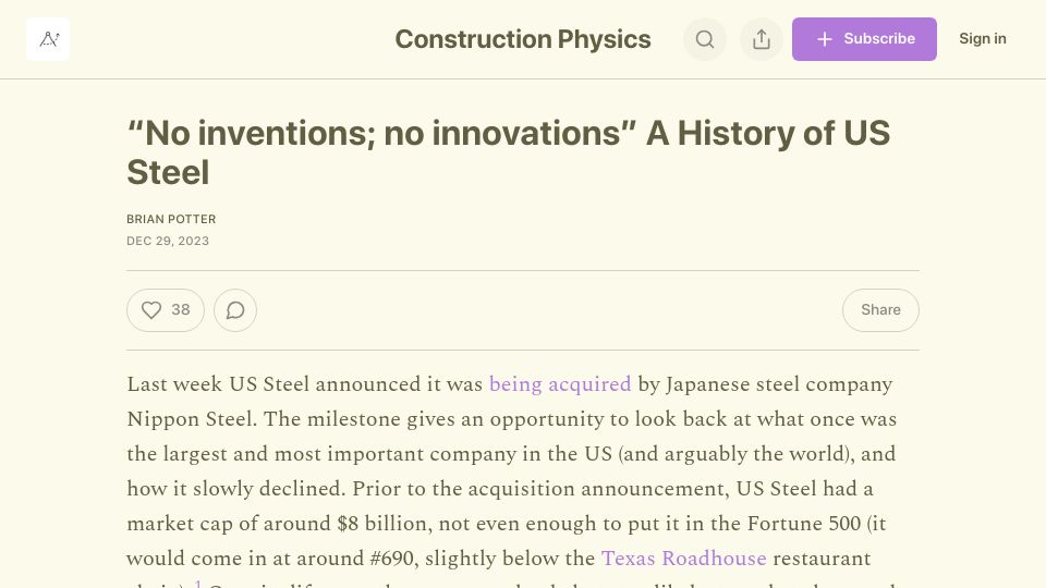 Screenshot of construction-physics.com: "No inventions; no innovations" A History of US Steel