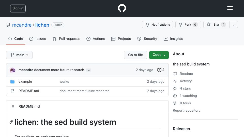 Screenshot of github.com: Lichen: The Sed Build System