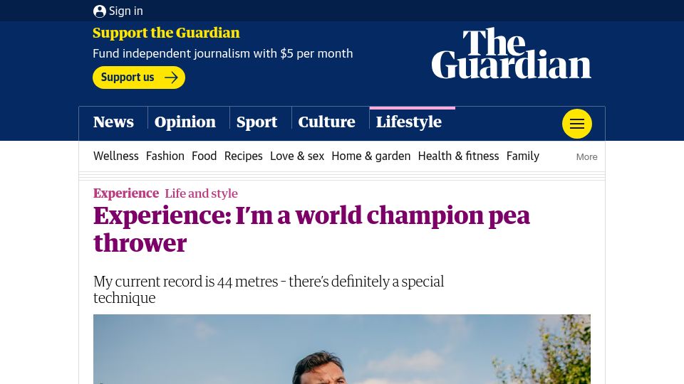 Screenshot of theguardian.com: I'm a world champion pea thrower