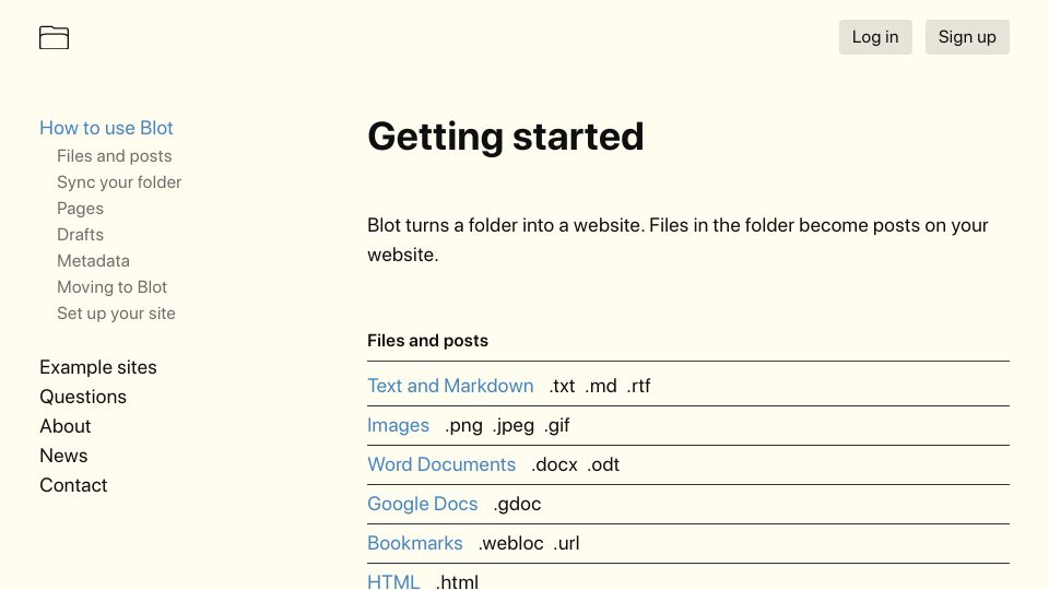 Screenshot of blot.im: Blot turns a folder into a website