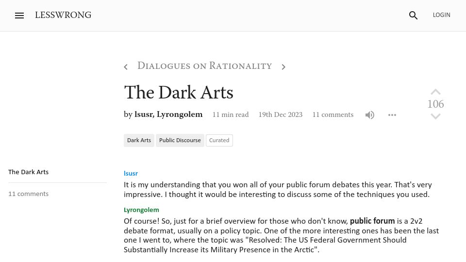 Screenshot of lesswrong.com: The Dark Arts – LessWrong