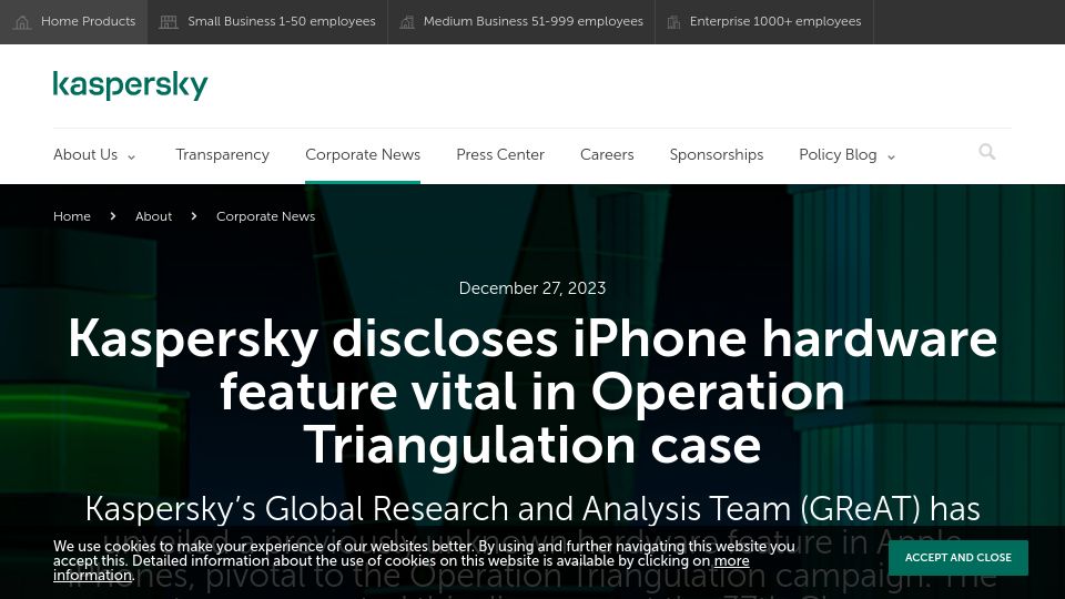 Screenshot of kaspersky.com: Kaspersky discloses iPhone hardware feature vital in Operation Triangulation