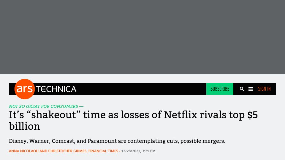 Screenshot of arstechnica.com: Disney, Warner, Comcast, and Paramount are contemplating cuts, possible mergers