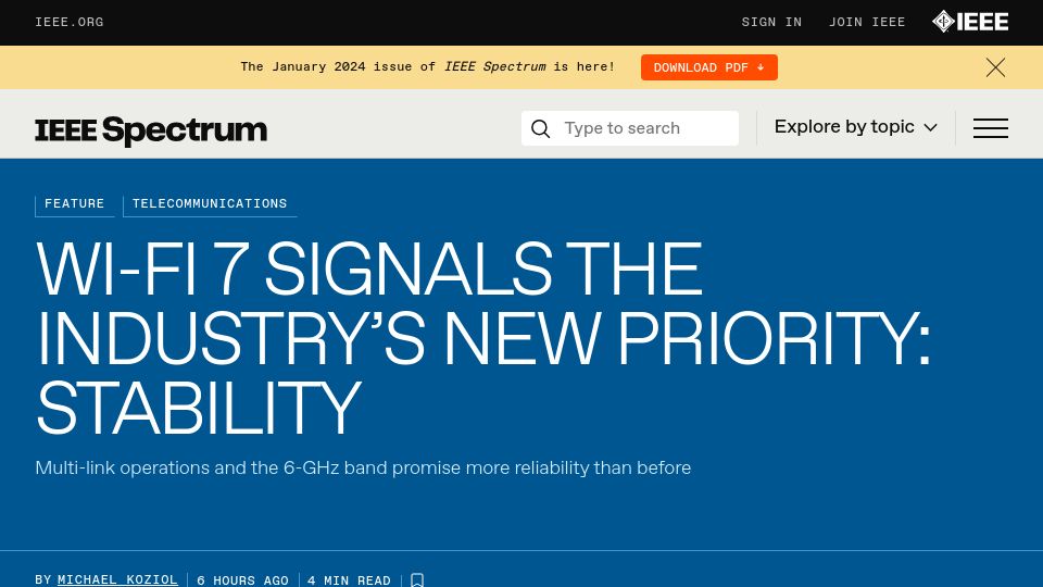 Screenshot of spectrum.ieee.org: Wi-Fi 7 Signals the Industry's New Priority: Stability