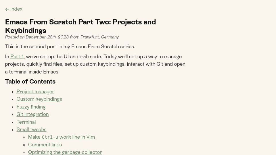 Screenshot of arne.me: Emacs from Scratch Part Two