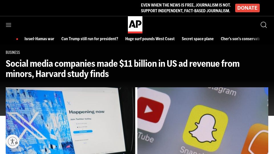 Screenshot of apnews.com: Social media companies made $11B in US ad revenue from minors, study finds