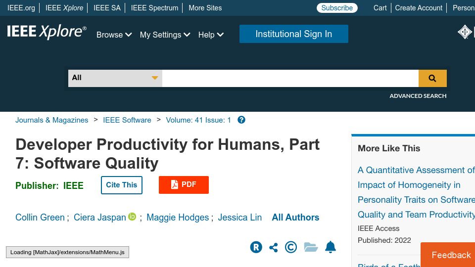 Screenshot of ieeexplore.ieee.org: Developer Productivity for Humans: Software Quality