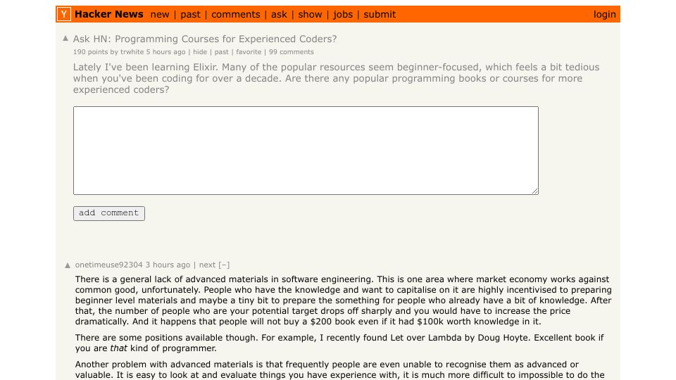 Screenshot of Hacker News post: Ask HN: Programming Courses for Experienced Coders?