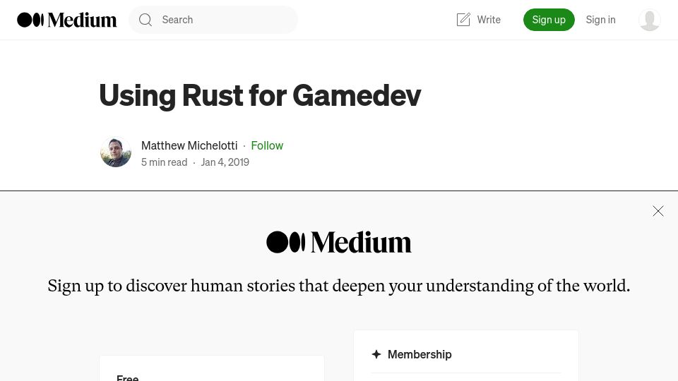 Screenshot of medium.com: Using Rust for Gamedev (2019)