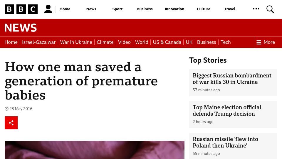 Screenshot of bbc.com: One man saved a generation of premature babies (2016)