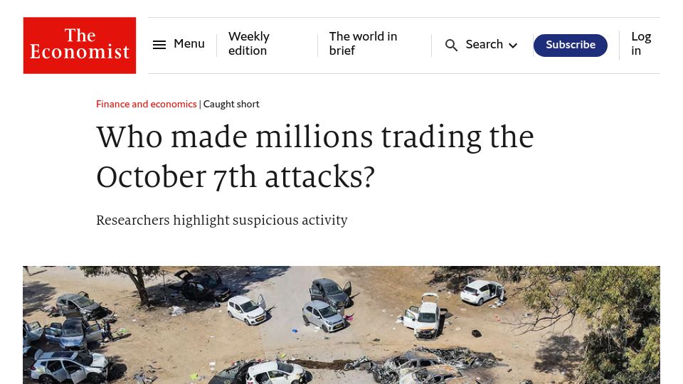 Screenshot of economist.com: Who made millions trading the October 7th attacks?