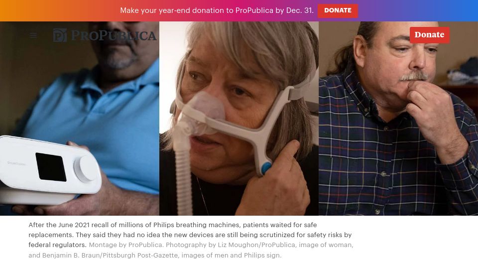 Screenshot of propublica.org: Chemicals of "Concern" Found in Philips Breathing Machines