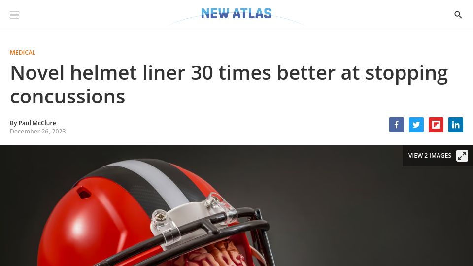 Screenshot of newatlas.com: Novel helmet liner made from carbon nanotubes